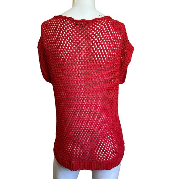 Lafayette 148 New Yotk Red Open Knit Short Cap Sleeve Sweater sz M EUC - Picture 4 of 7